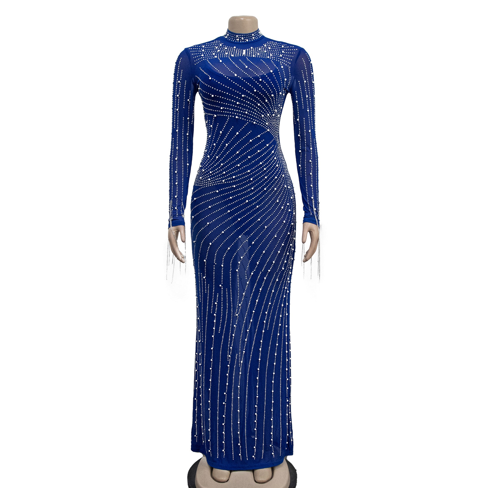 Mesh Tassel Long Sleeve Rhinestones Bodycon Midi Maxi Long Dress