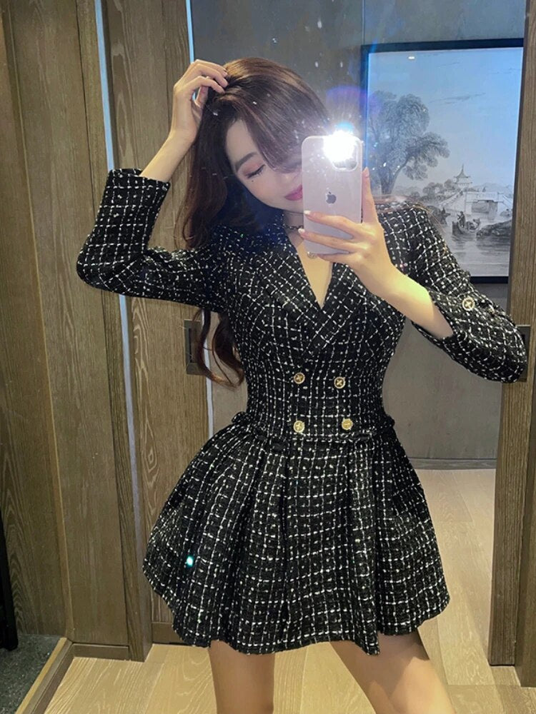 Plaid Autumn Winter Tweed Vintage A-line Double Breasted High Waist Dress