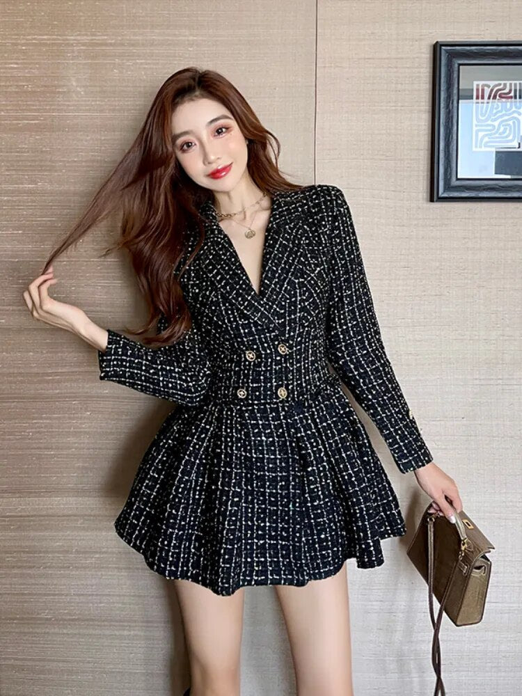 Plaid Autumn Winter Tweed Vintage A-line Double Breasted High Waist Dress