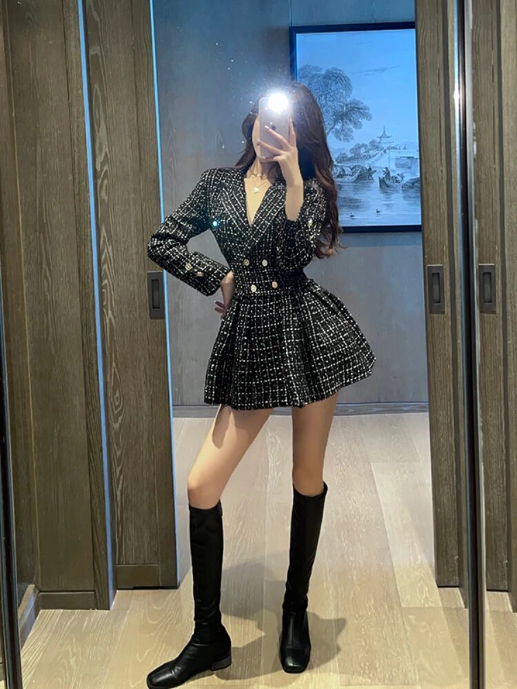 Plaid Autumn Winter Tweed Vintage A-line Double Breasted High Waist Dress