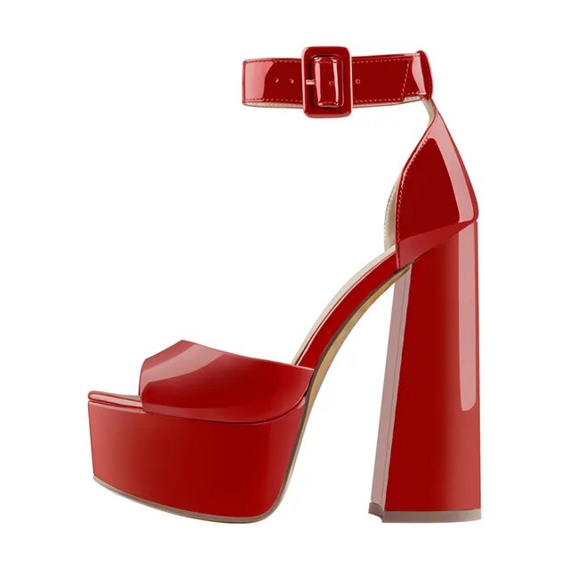 Platform Peep Toe Chunky Square Heels Ankle Strap Sandals