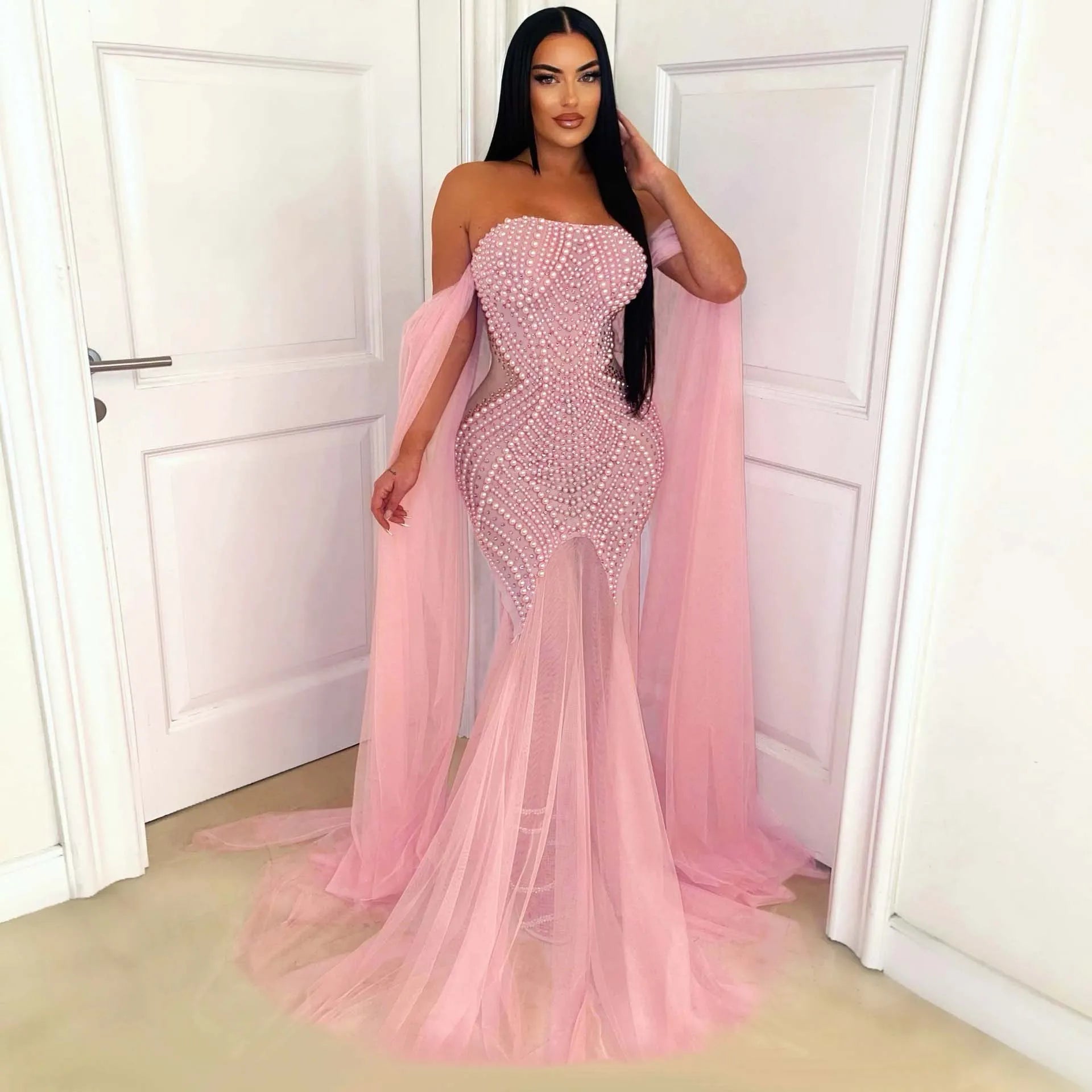 Pink Rhinestone Pearl Mesh Off Shoulder Dress