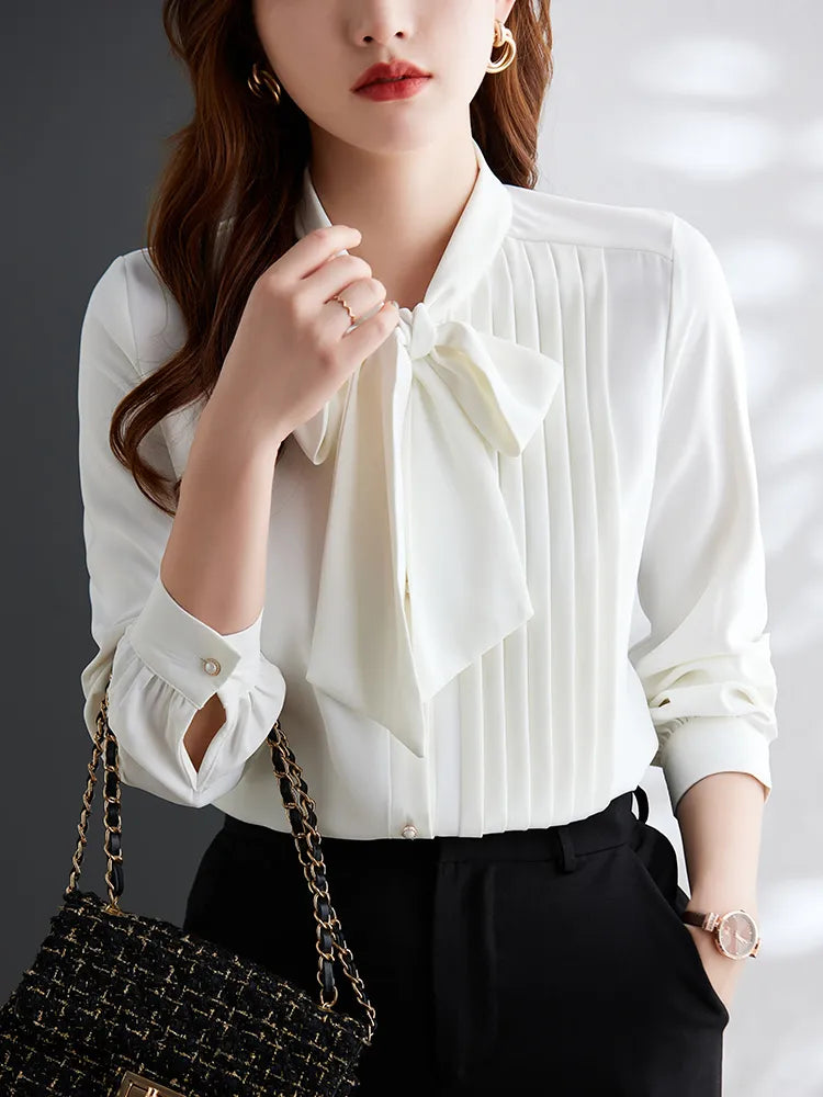 Pleated Long Sleeve Bow Tie Neck Pearl Buttons Anti wrinkle  Blouses