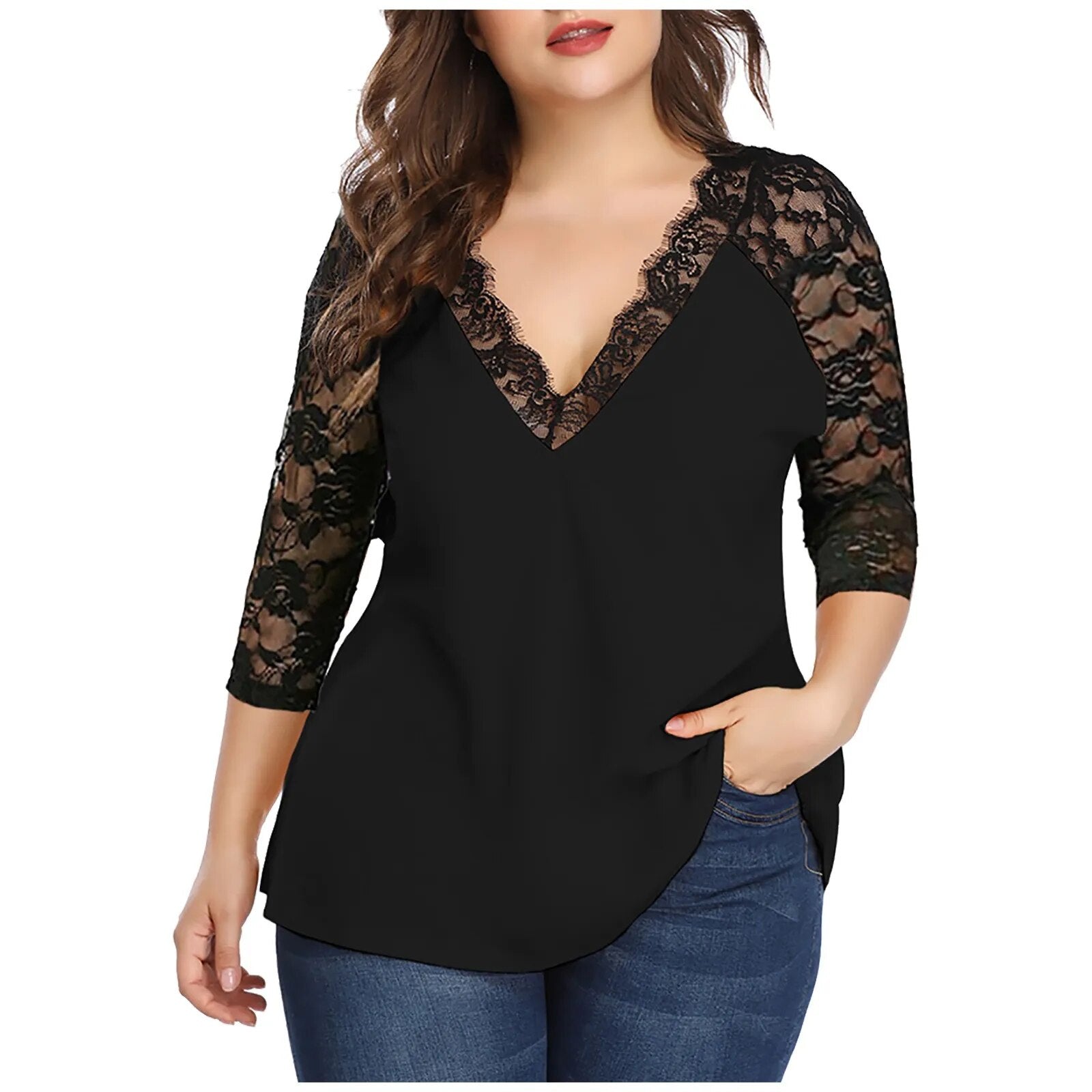 Plus Size Summer Autumn Casual Long Sleeve V-Neck Lace Patchwork Shirt