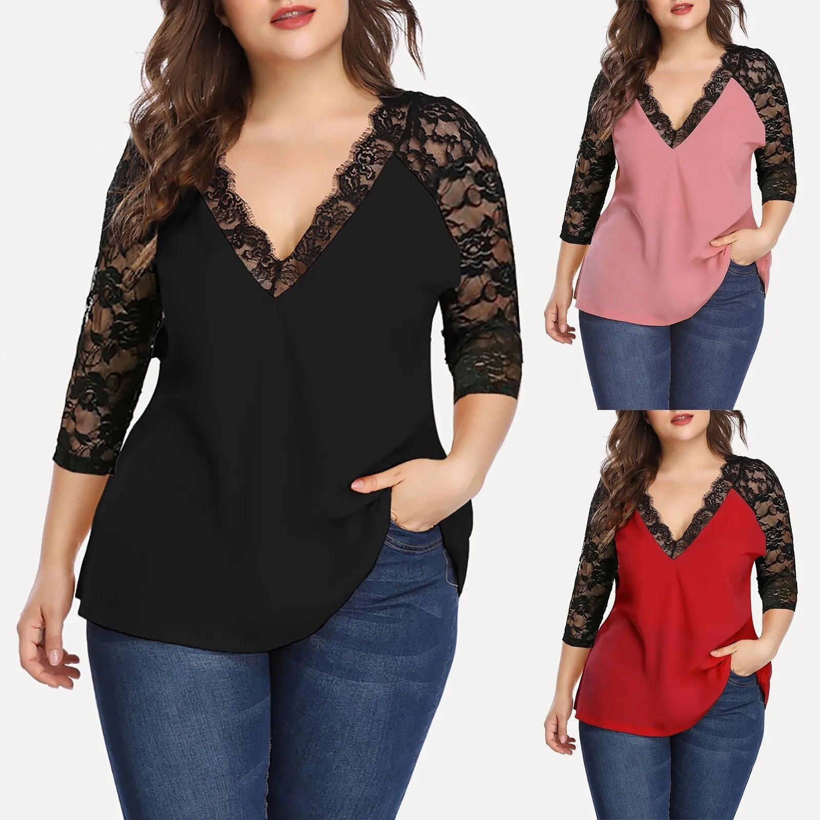Plus Size Summer Autumn Casual Long Sleeve V-Neck Lace Patchwork Shirt