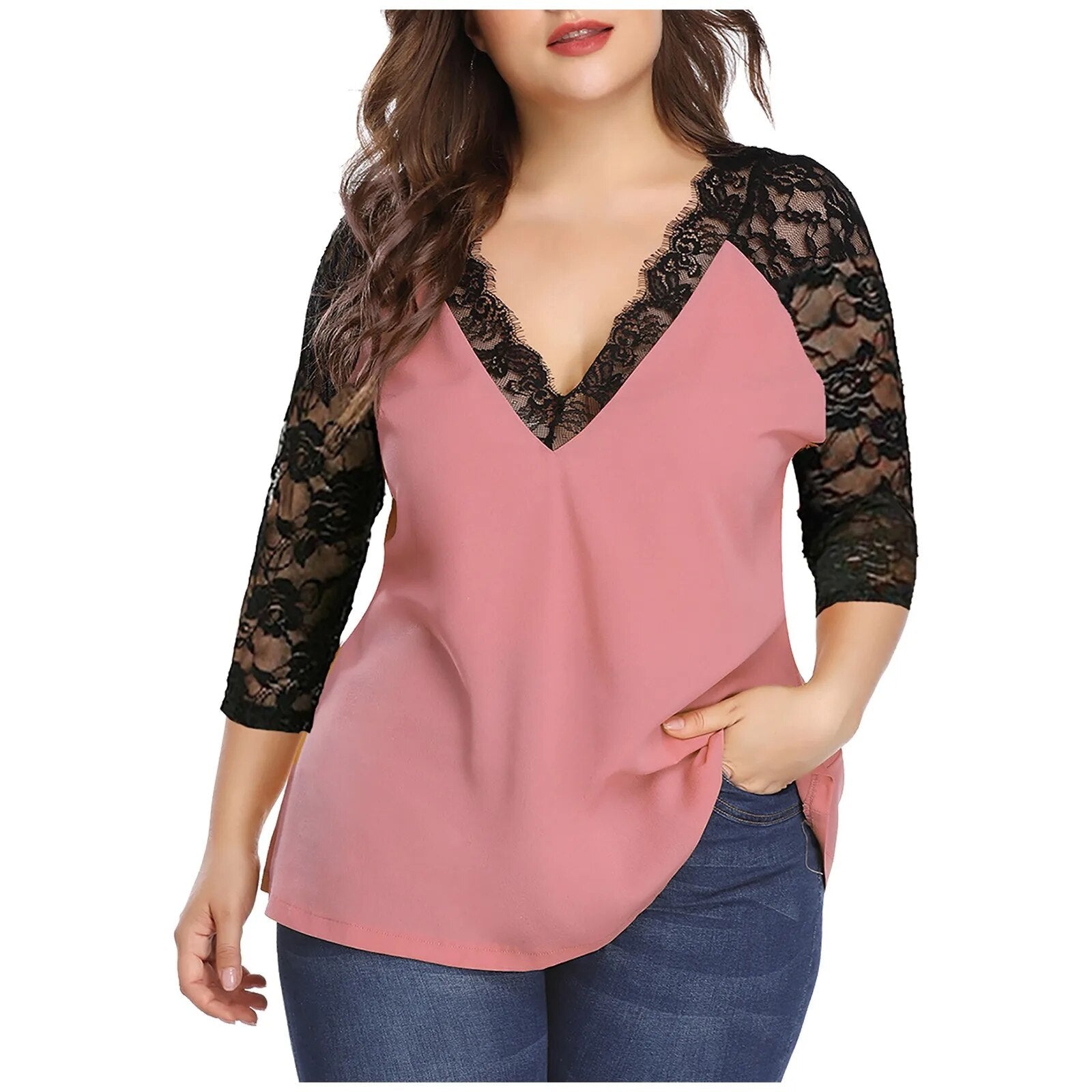 Plus Size Summer Autumn Casual Long Sleeve V-Neck Lace Patchwork Shirt