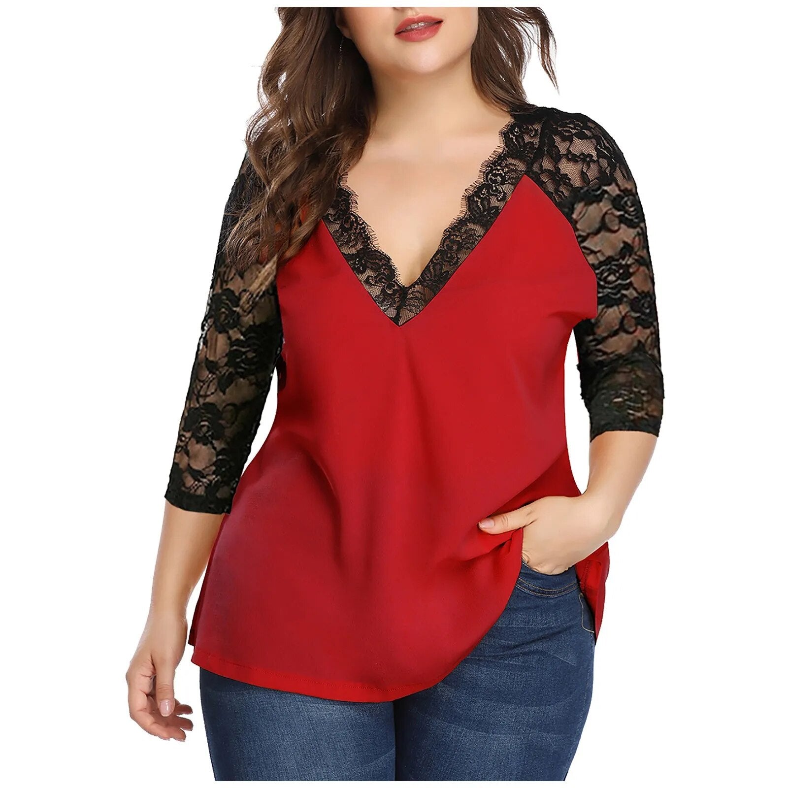 Plus Size Summer Autumn Casual Long Sleeve V-Neck Lace Patchwork Shirt