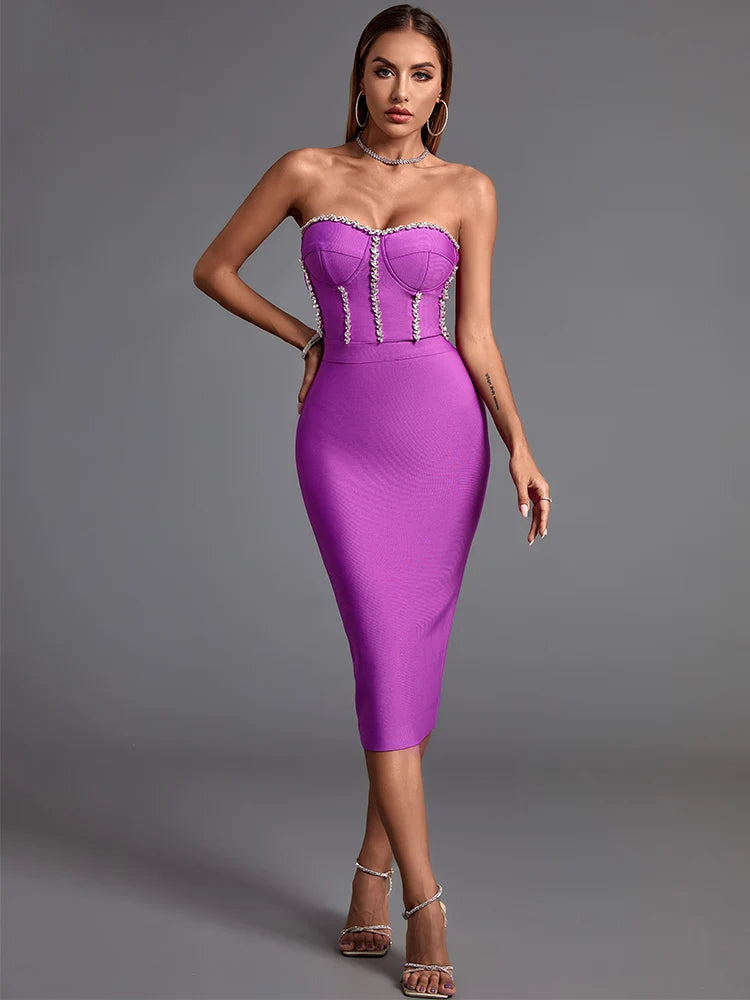 Purple  Sexy Crystal Bandage Dress