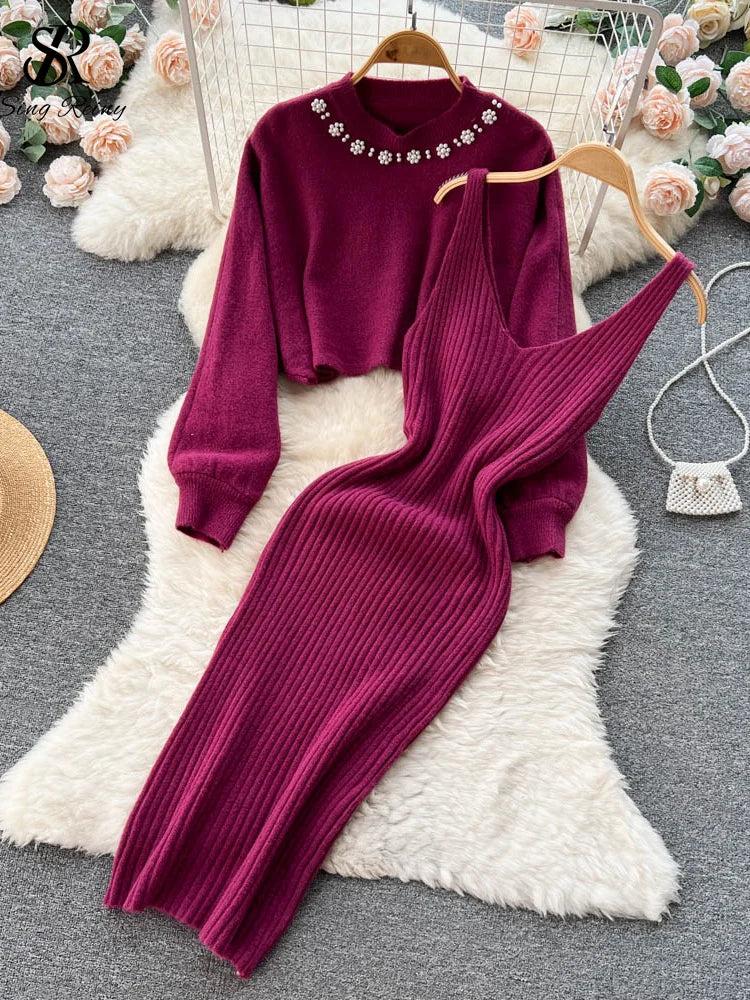 Winter Knitted Fashion Breading Long Sleeve Pearl Sweater+Knitted Camis Dress Sets