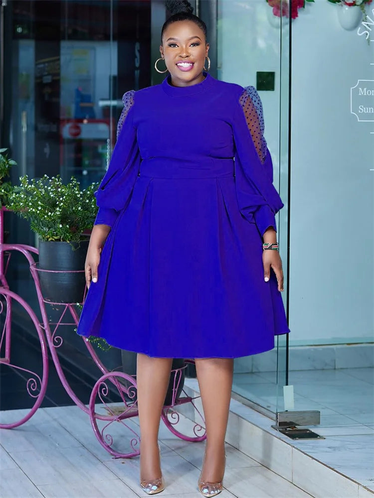 Plus Size Solid Casual Mesh Long Sleeve Midi Dress