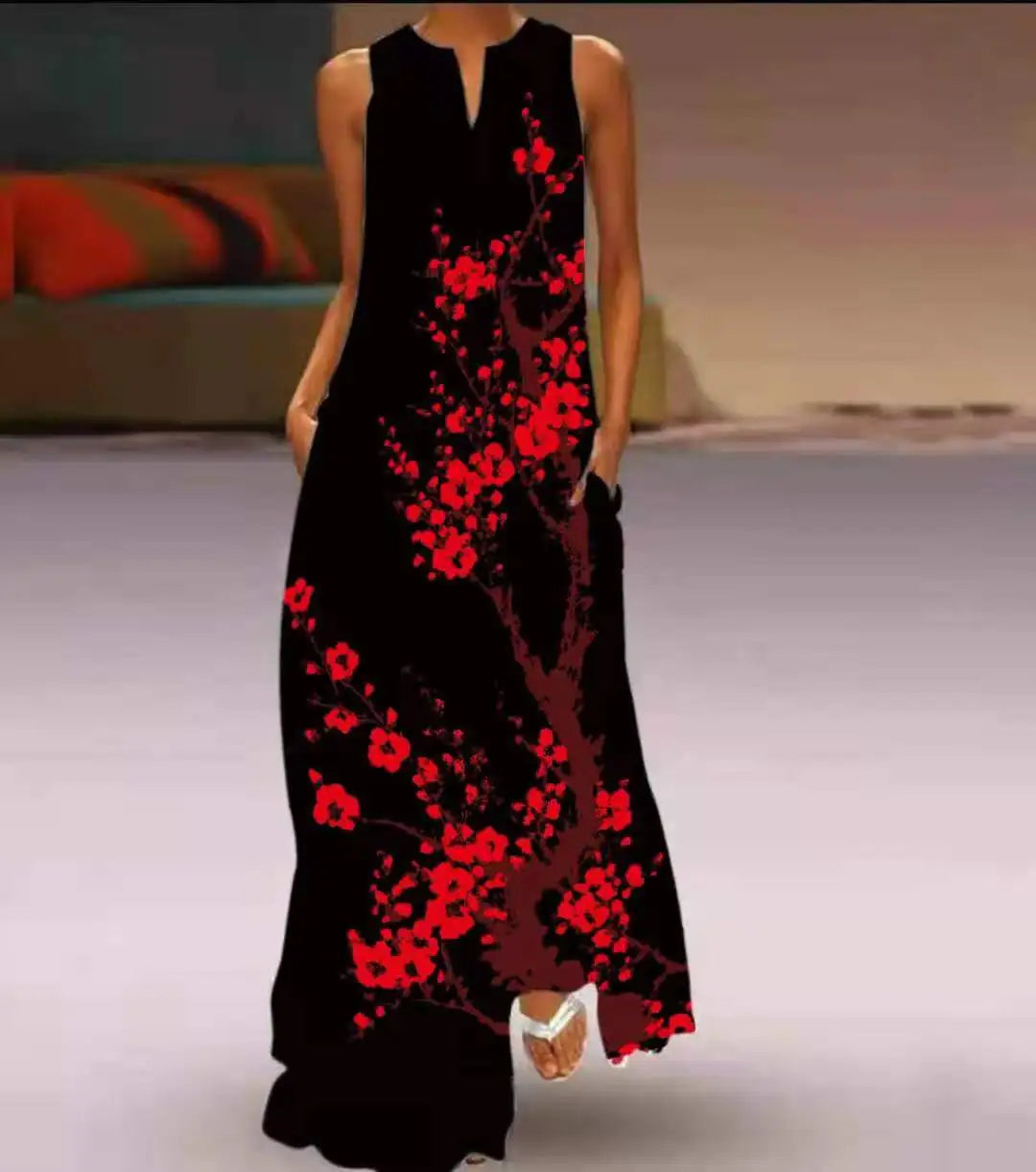 Summer Dress Sleeveless V Neck Floral Letter Print Maxi Long Dresses