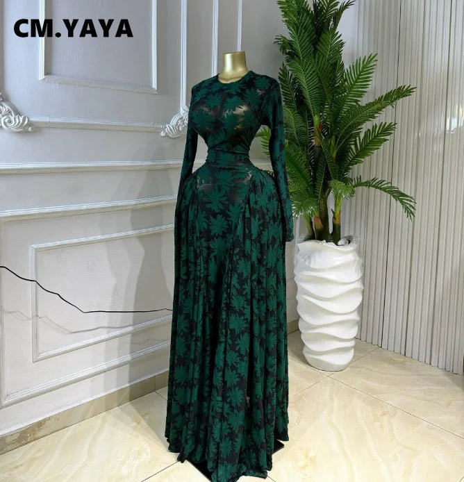 O-neck Long Sleeve Big Swing Pleated Maxi Dress