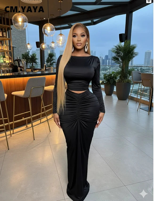 Fashion Ruched Crop Tops and Bodycon Long Skirts Suit