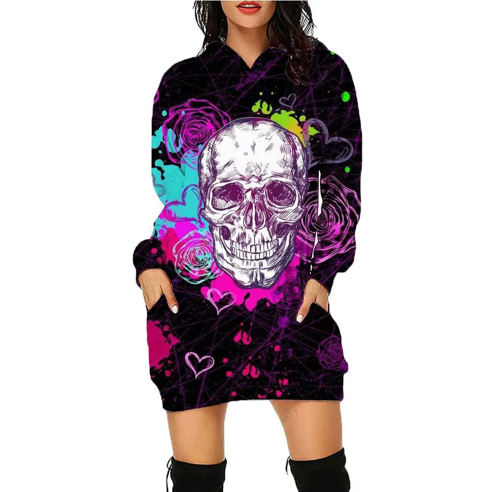 New 3D Print Skull Long sleeved Pullover Fashion Mid length Hoodie Dress