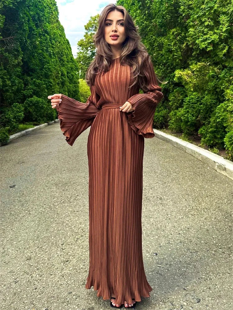 Long Sleeve Ruffled Lace-Up Ribbed Maxi Dress