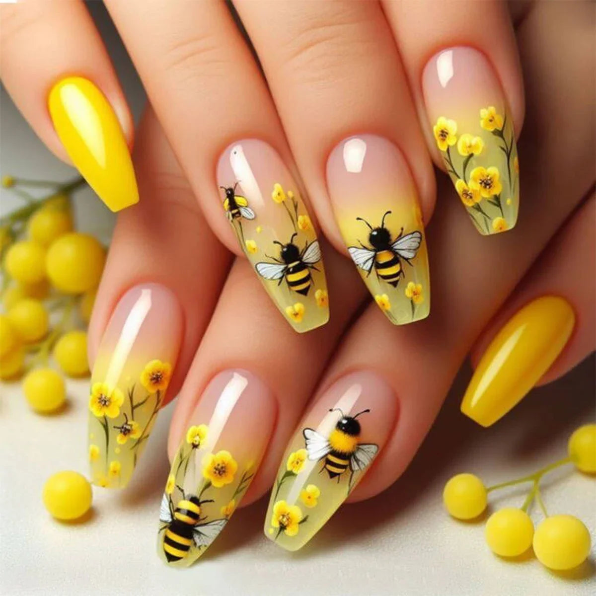 Bee Floral Press-On Nails – Medium Coffin Ballet Tips with Flower Design