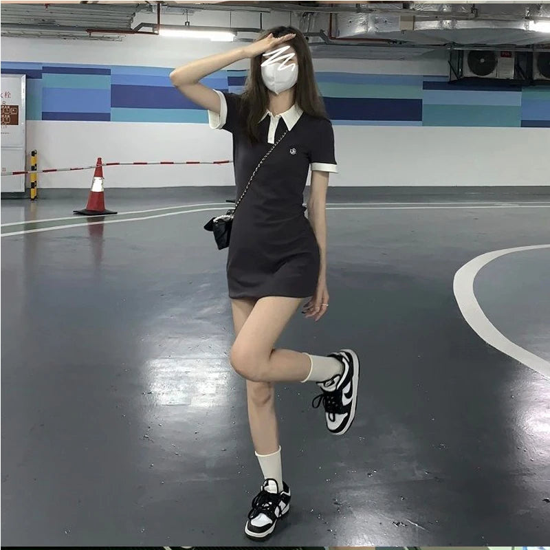 Polo Short Sleeve Mini Skirt Slim Sheath Tight Dress Collar Shirt