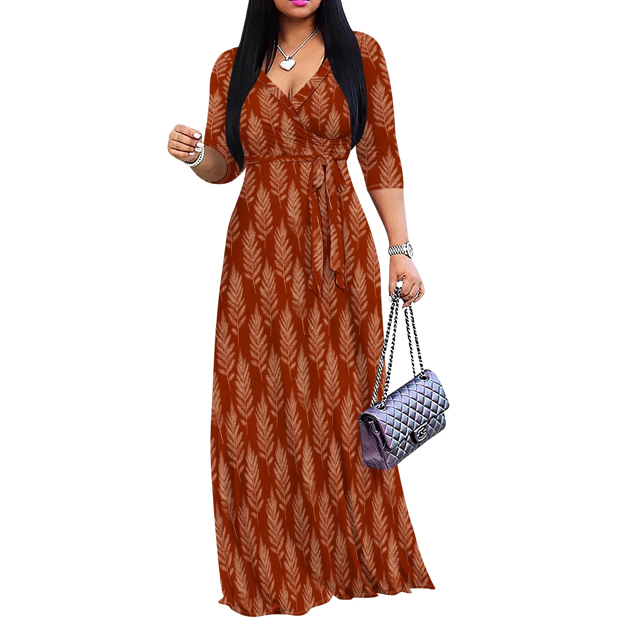 Tropical Leaf Print V-Neck Maxi Dress