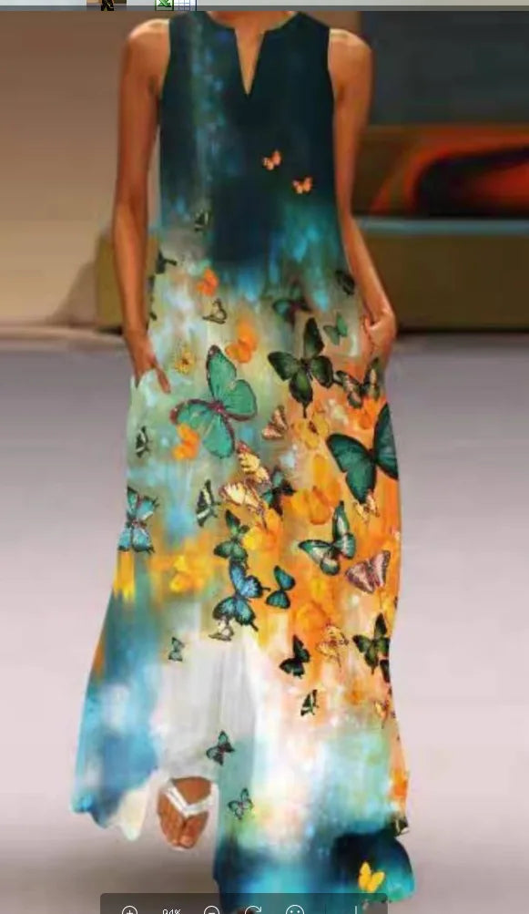 Summer Dress Sleeveless V Neck Floral Letter Print Maxi Long Dresses