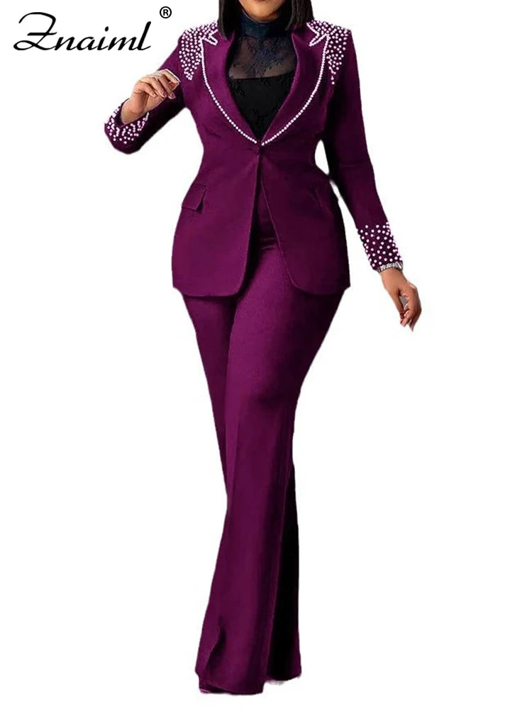 Pearls Blazer Coat and Straight Pants Matching Sets