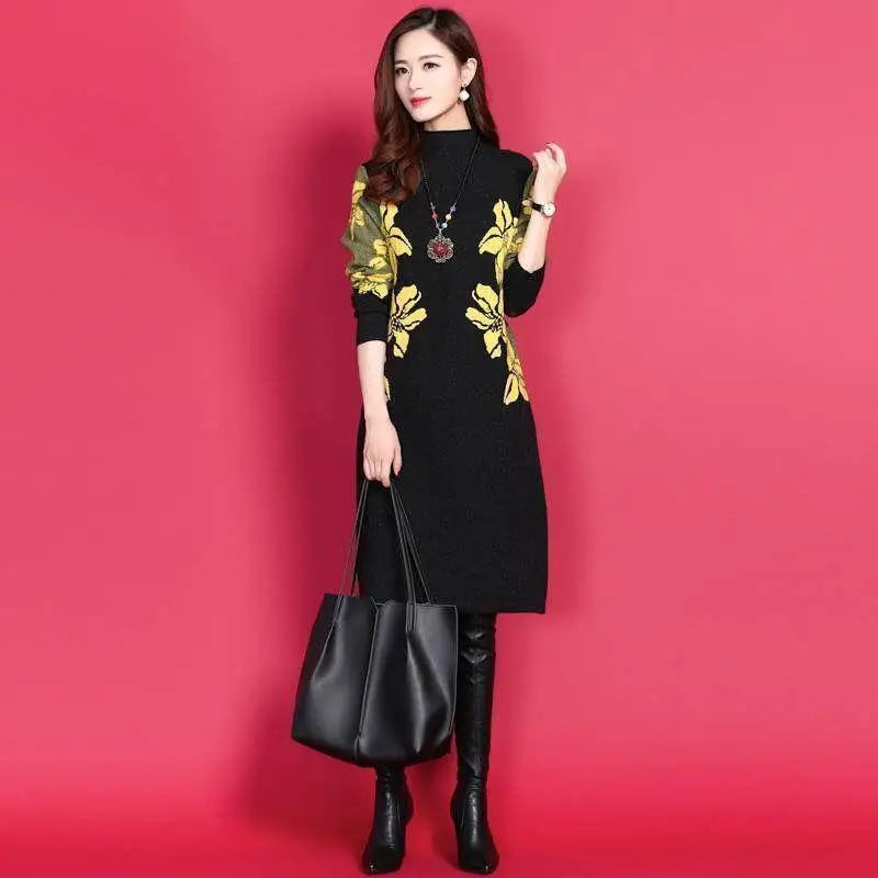 Autumn and Winter  Round Neck Long Sleeve Slim Pullover Plus Size Midi Underlay Printing Dress