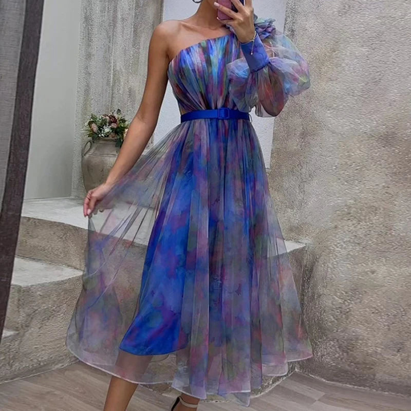 High Split Loose Hem One Shoulder Print Beach Party Dress