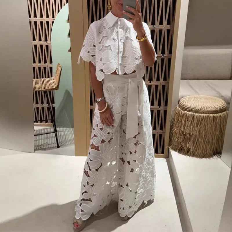 Spring Embroidery Hook Flower Hollow Crochet  Polo-Neck Button Tops+Wide Leg Pants Outfits