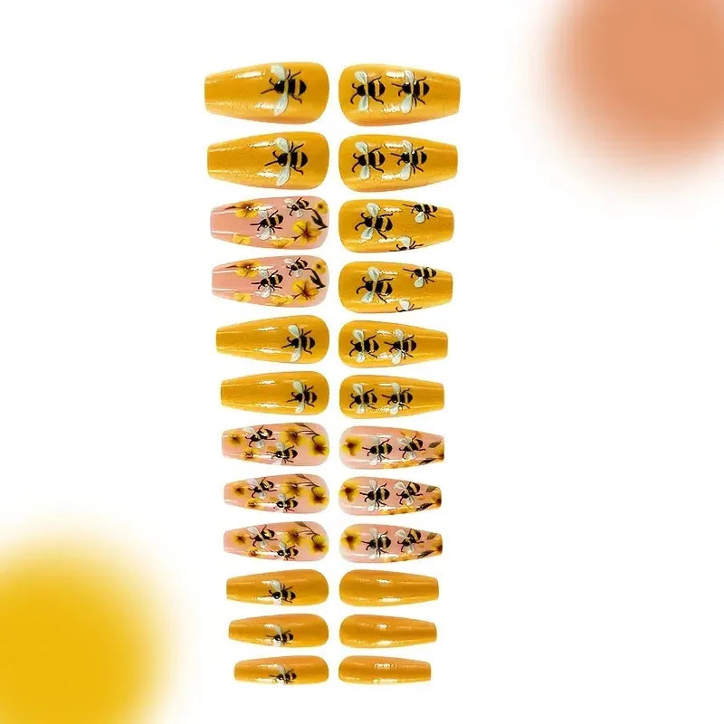 Bee Floral Press-On Nails – Medium Coffin Ballet Tips with Flower Design