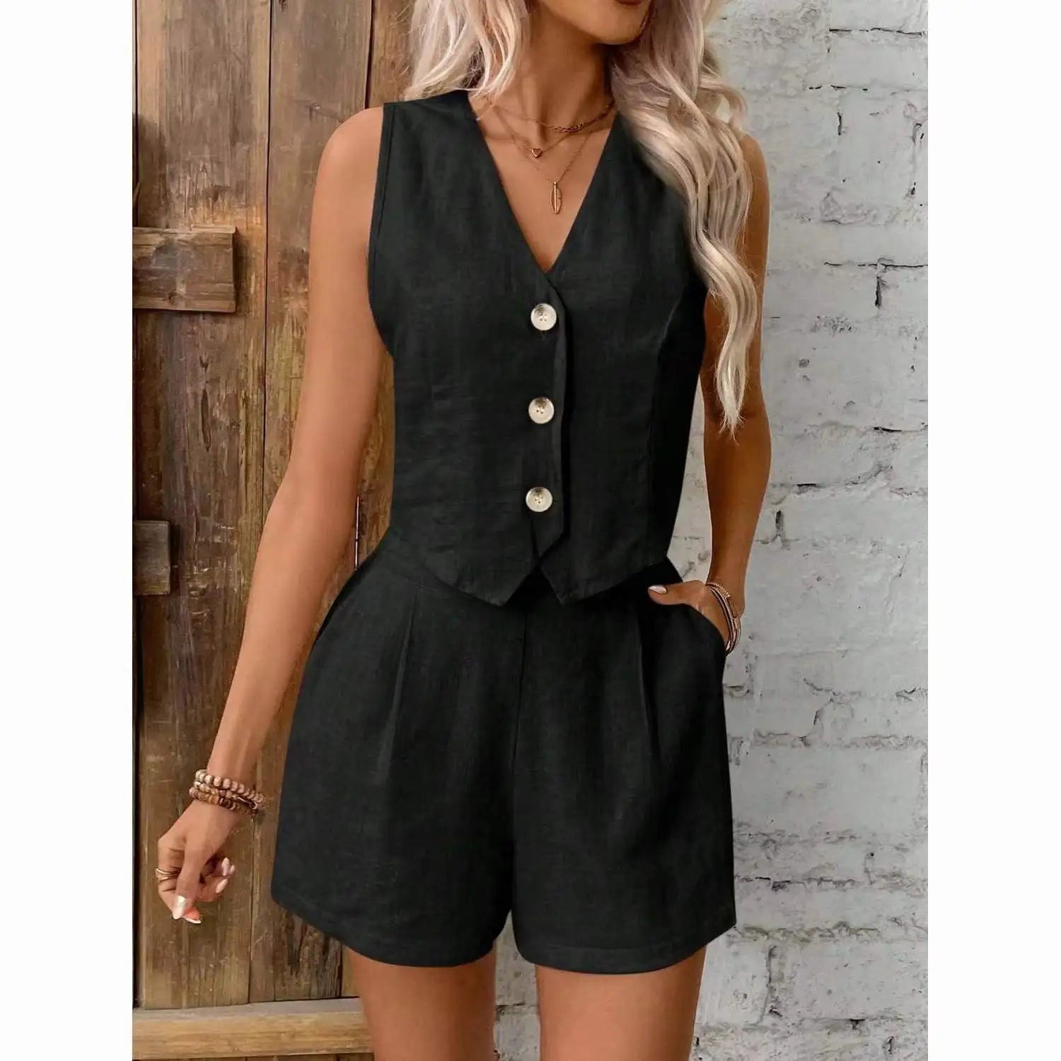 Solid Casual  Sexy V-neck Sleeveless Vest Tops and Shorts Suit