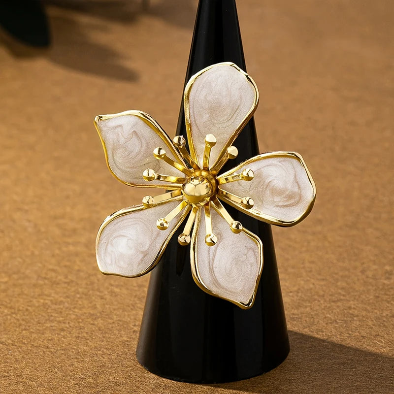 White Enamel Flower Adjustable Ring
