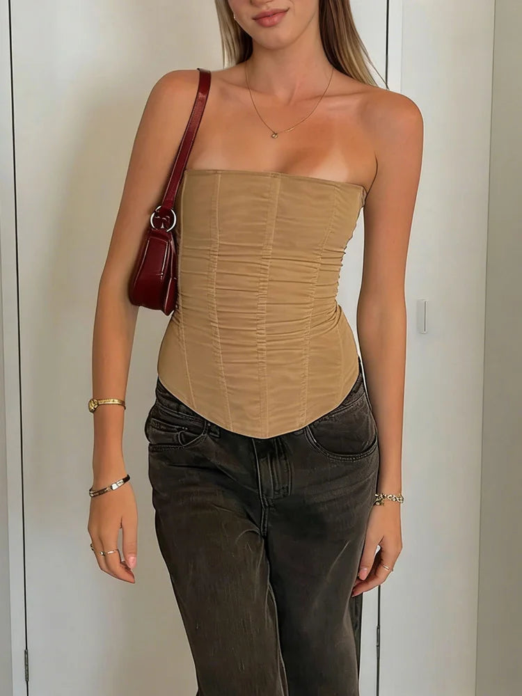 Mesh Backless Summer Patchwork Strapless Solid Slim Sexy  Tank Top