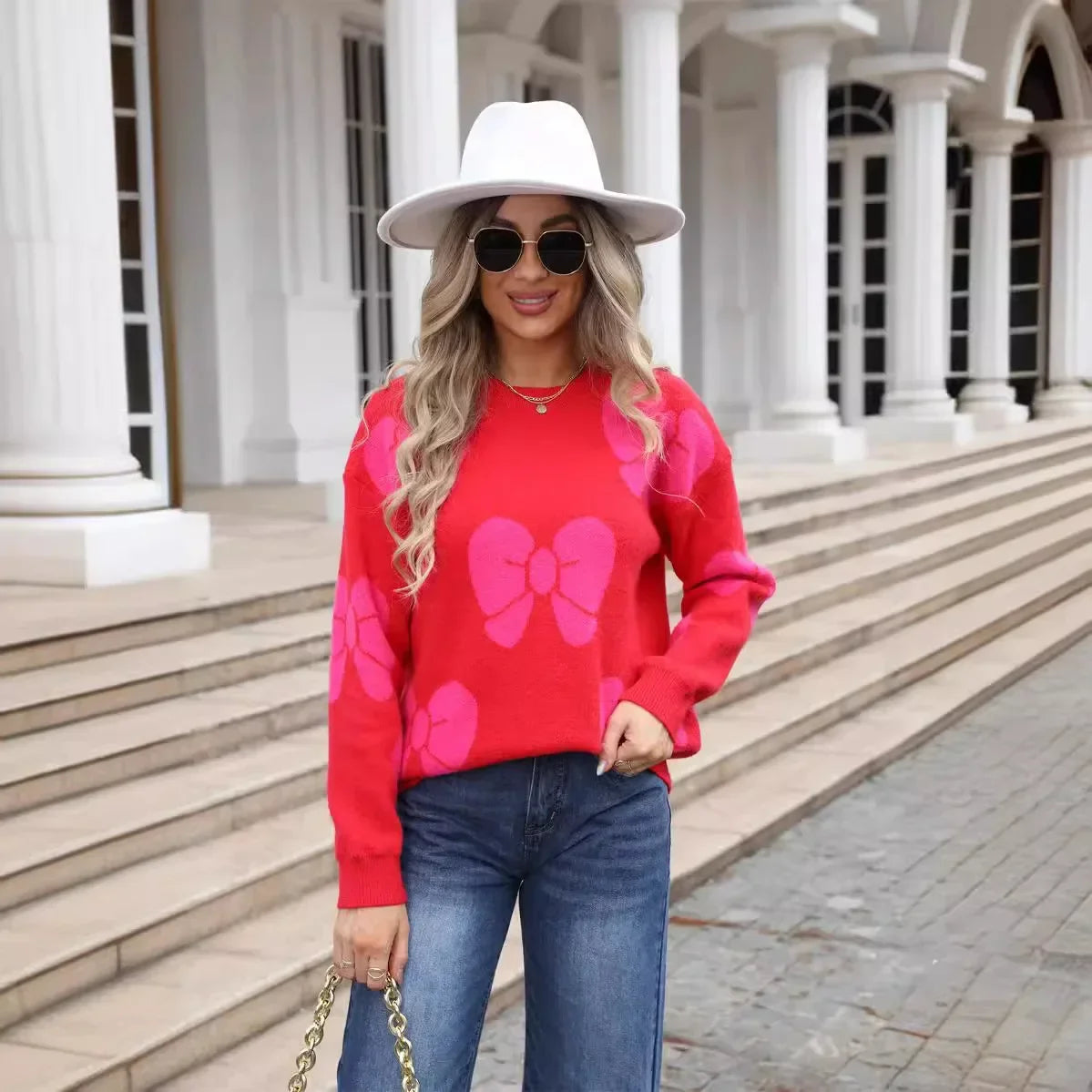 Print Bow Full Sleeve Sweaters