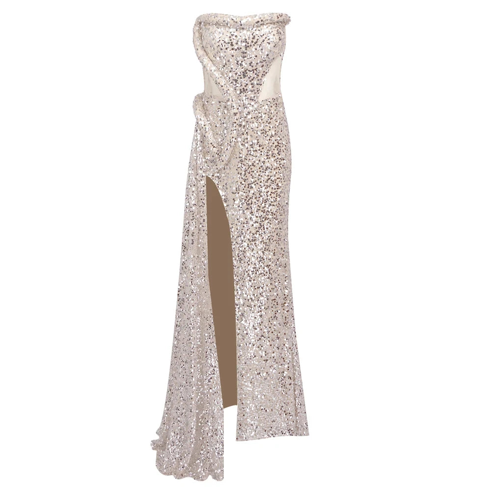 ummer Sexy Strapless Glitter Sequins Split Silver Dress