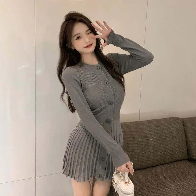 Fashion Korean Autumn Winter  Sexy Bodycon  Wrap  Short Women's Sweater Knitted One-piece Dress