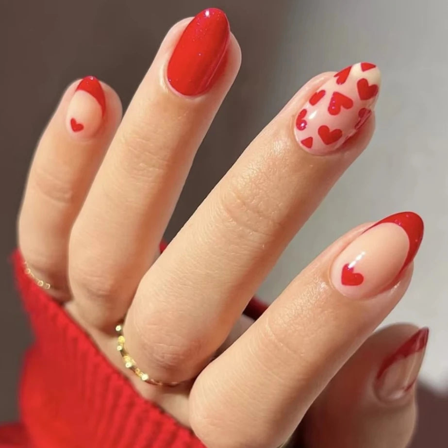 Romantic Valentine's Day Red Love Heart Charm Red Lips Almond Fake Nails
