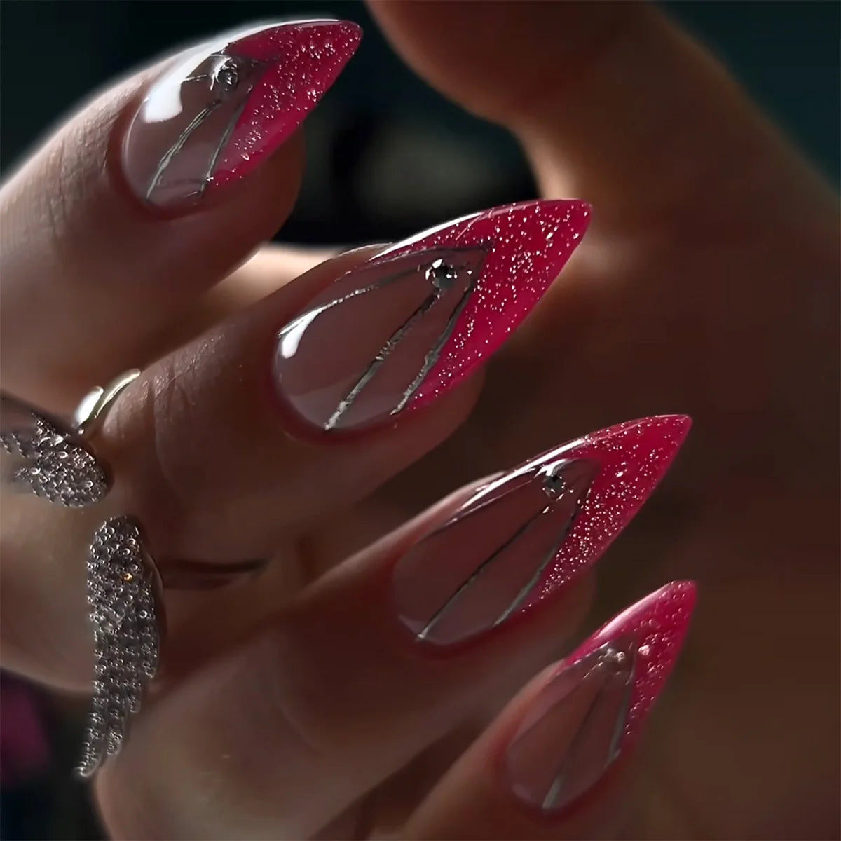 24Pcs Black Fake Nails with Diamond Halloween Long Almond False Nail Butterfly Design Wearable Oval Press on Nails Tips