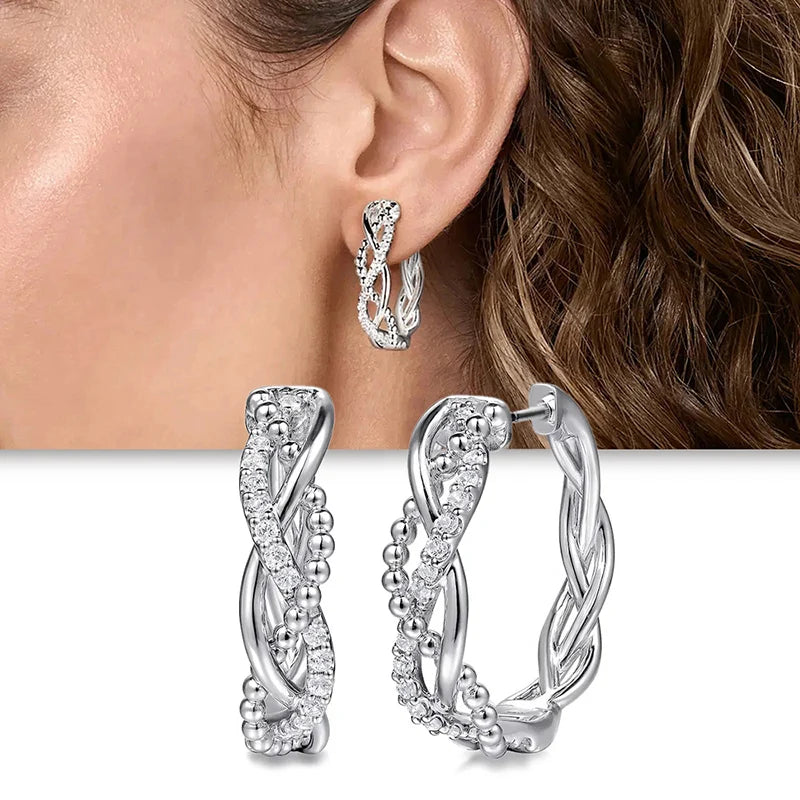 Silver Color Twist Design Hoop Earrings with Dazzling CZ