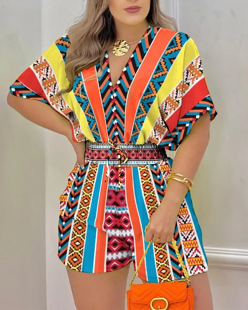 New Loose Casual Printing Fashion V-neck Short Sleeve Waist Shorts Drawstring Pleated Streetwear Romper