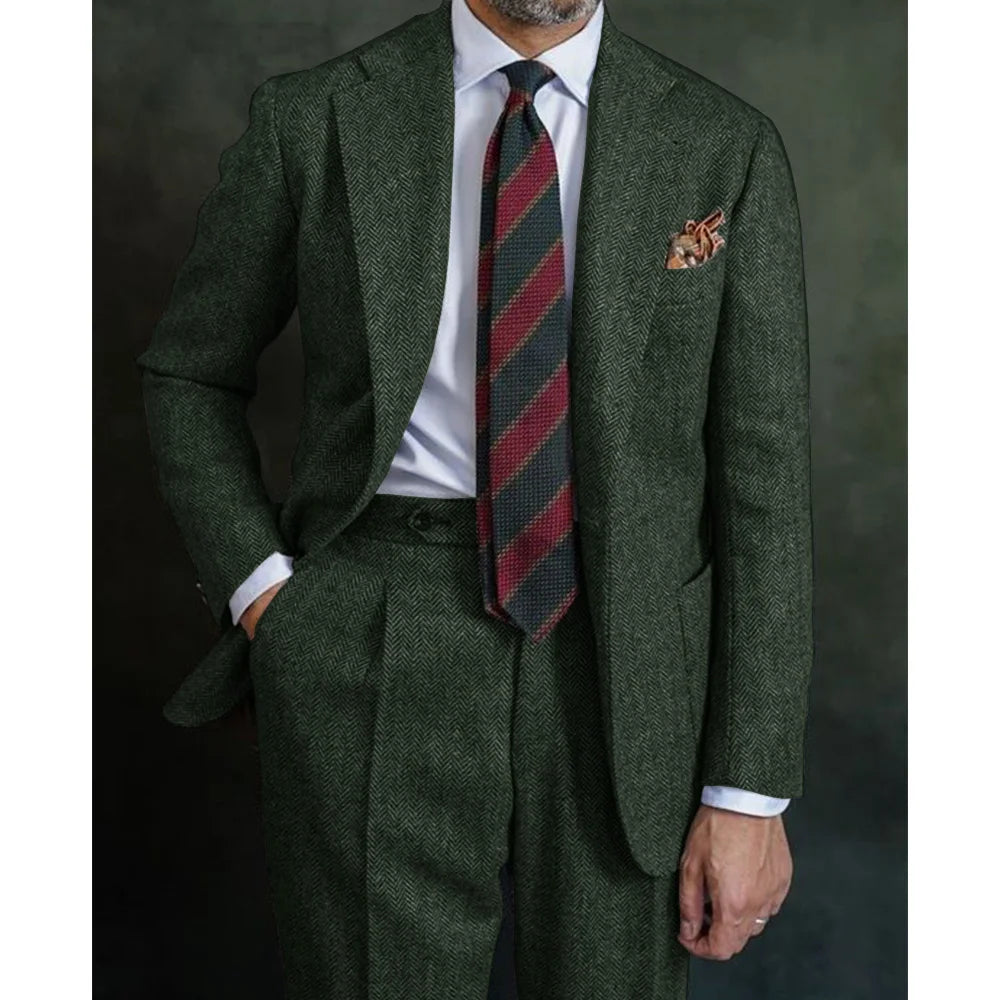 Classic Men’s Three‑Piece Herringbone Suit Set – Blazer, Vest &amp; Pants in Coarse Wool Blend