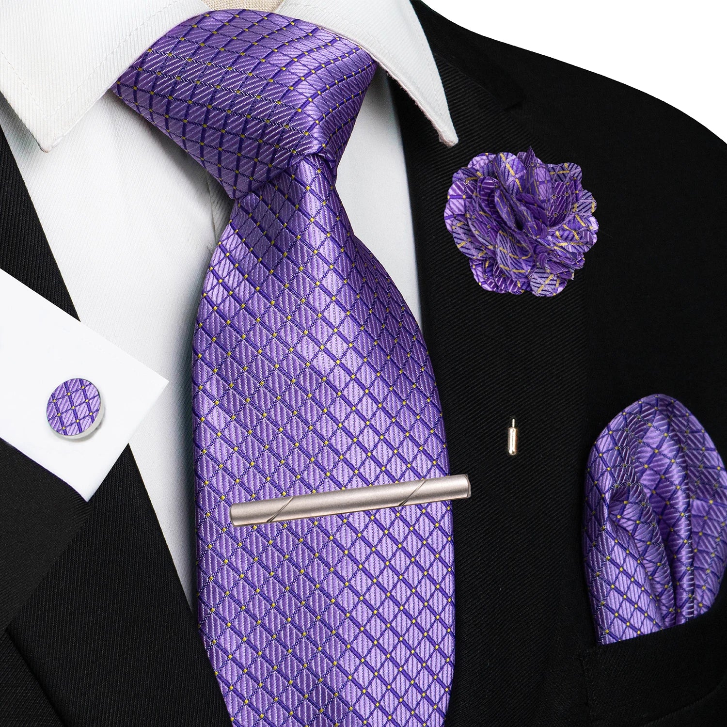 Brown Yellow Plaid Silk Tie Set for Men