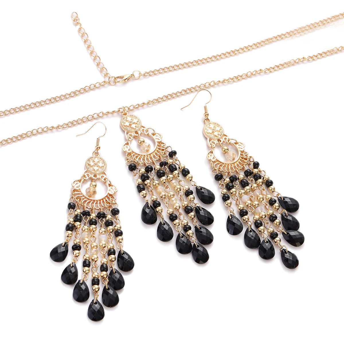 Bohemian Multicolor Crystal Long Tassel Dangle Earrings & Necklace Set – Retro Gold-Plated Geometric Wedding Jewelry