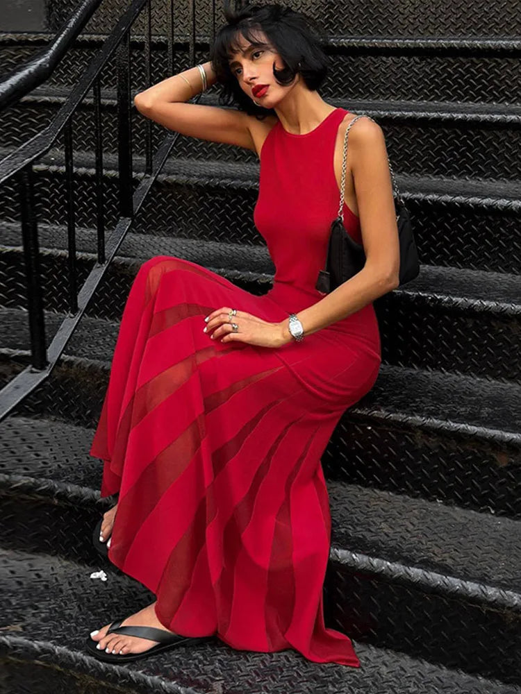 O Neck Sleeveless Lace Mesh Ruched  Dresses