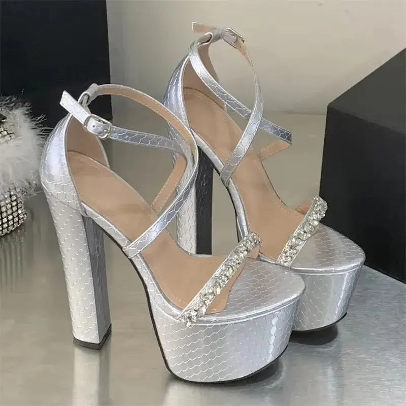 Crystal Diamond Chunky Platform Buckle Strap Shoes