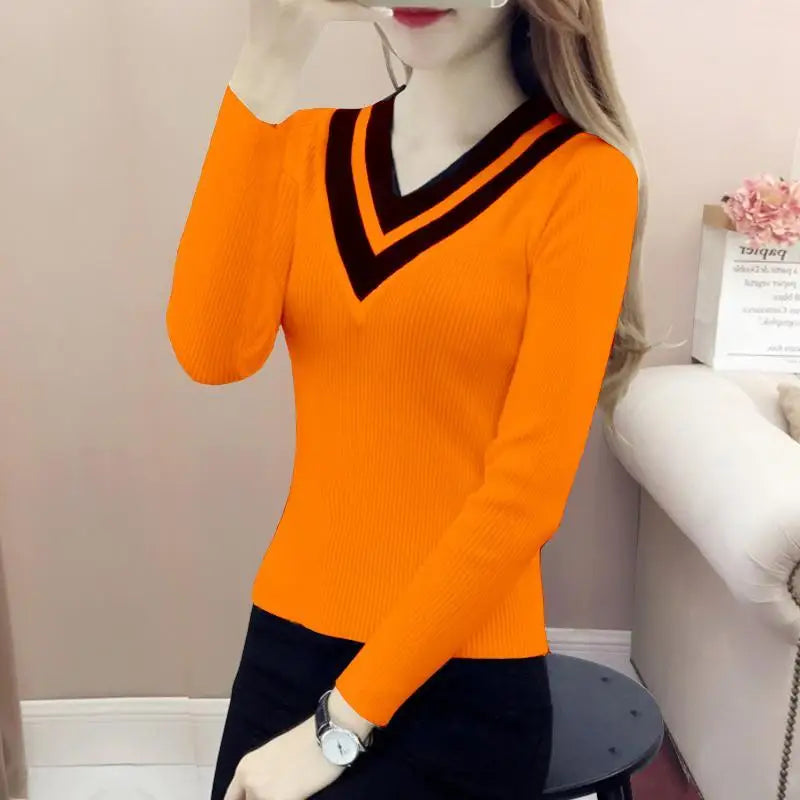 Elegant V-Neck Spliced All-match Sweaters