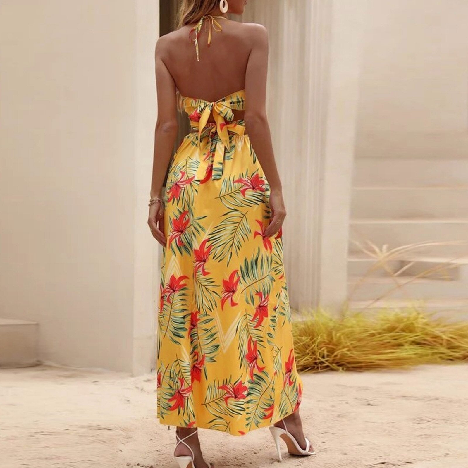 Summer Beach Sleeveless V-neck High Waist Slit Long Dress