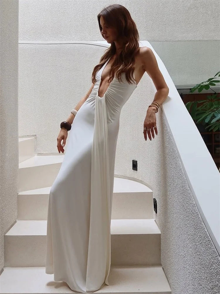 Summer Fashion V-Neck High Waist Backless Slim Pleated Solid Elegant Party Dress