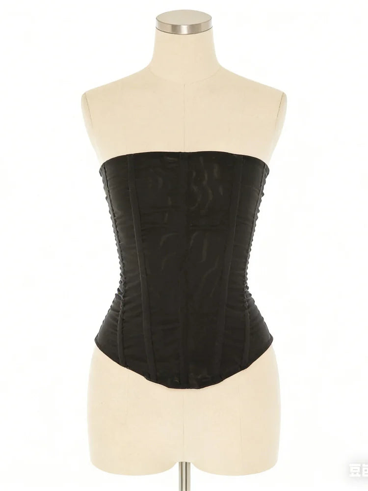 Mesh Backless Summer Patchwork Strapless Solid Slim Sexy  Tank Top