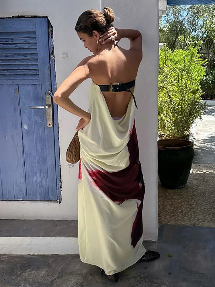Sexy Strapless Print Floral Belt Maxi Dress