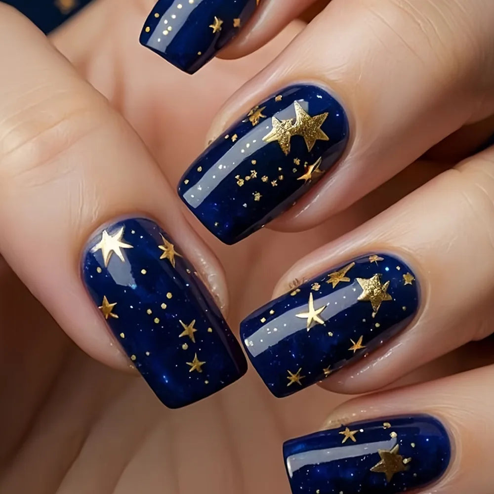 24Pcs Mid-length Square Press-On Nails with Golden Butterfly Design