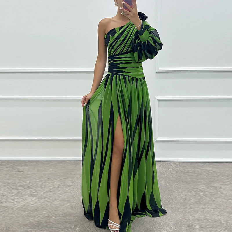 Sexy Spilt Waist Chiffon Stripe Print Asymmetric Long Dress